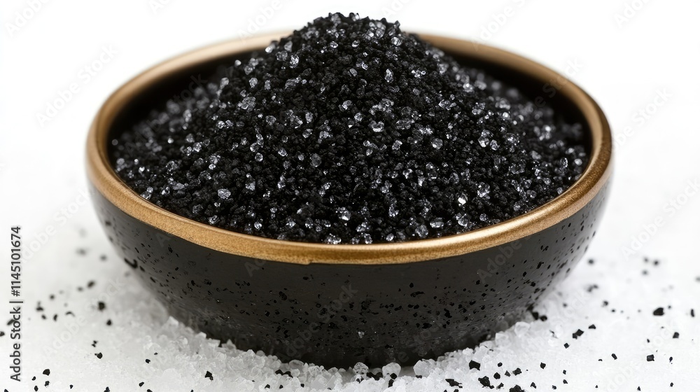 Black Lava Salt in a Dark Bowl on White Salt Black Lava Salt in a Dark Bowl on White Salt