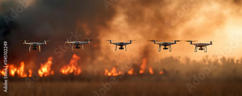 Five drones flying over a burning forest, monitoring wildfire and assessing damages, providing an aerial perspective of environmental disaster photo