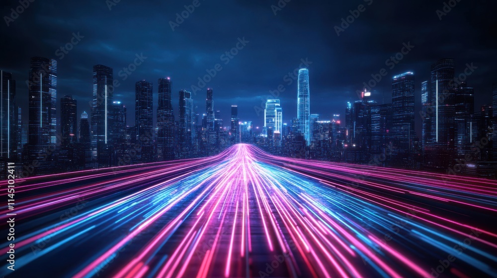 Fototapeta premium Futuristic city skyline with vibrant neon lights and glowing trails of light at nighttime in a digital landscape
