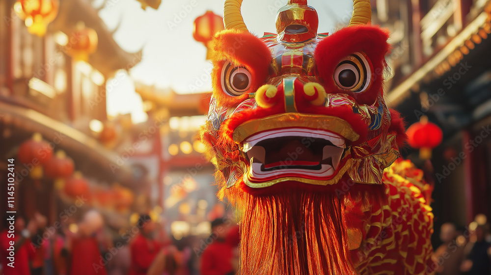 Fototapeta premium Lunar New Year parade with a dragon dance in the foreground, and illuminated red lanterns lining the streets, Dragon head costume, Chinese New Year celebration