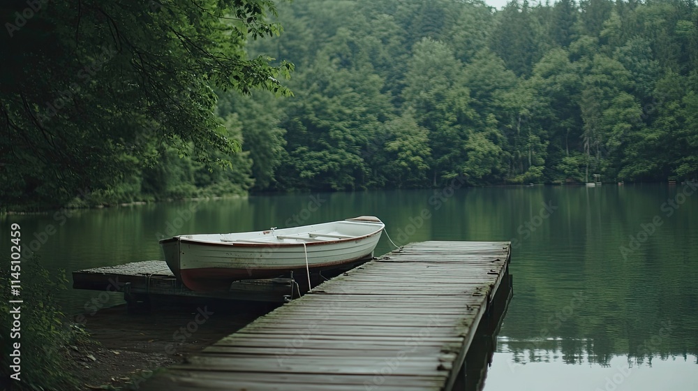 Obraz premium Serene lake scene with a small rowboat on a wooden dock