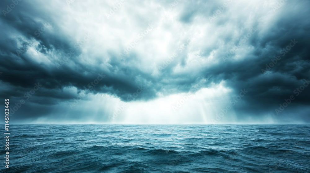 Fototapeta premium Dramatic cloudscape illuminating turbulent ocean waters, dark storm clouds piercing with golden sunbeams casting intense, atmospheric light