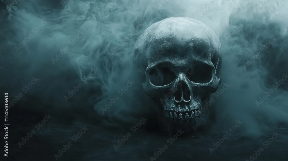 Skull in fog on dark Halloween background - Human skull standing in cinematic fog background Skull in fog on dark Halloween background - Human skull standing in cinematic fog background