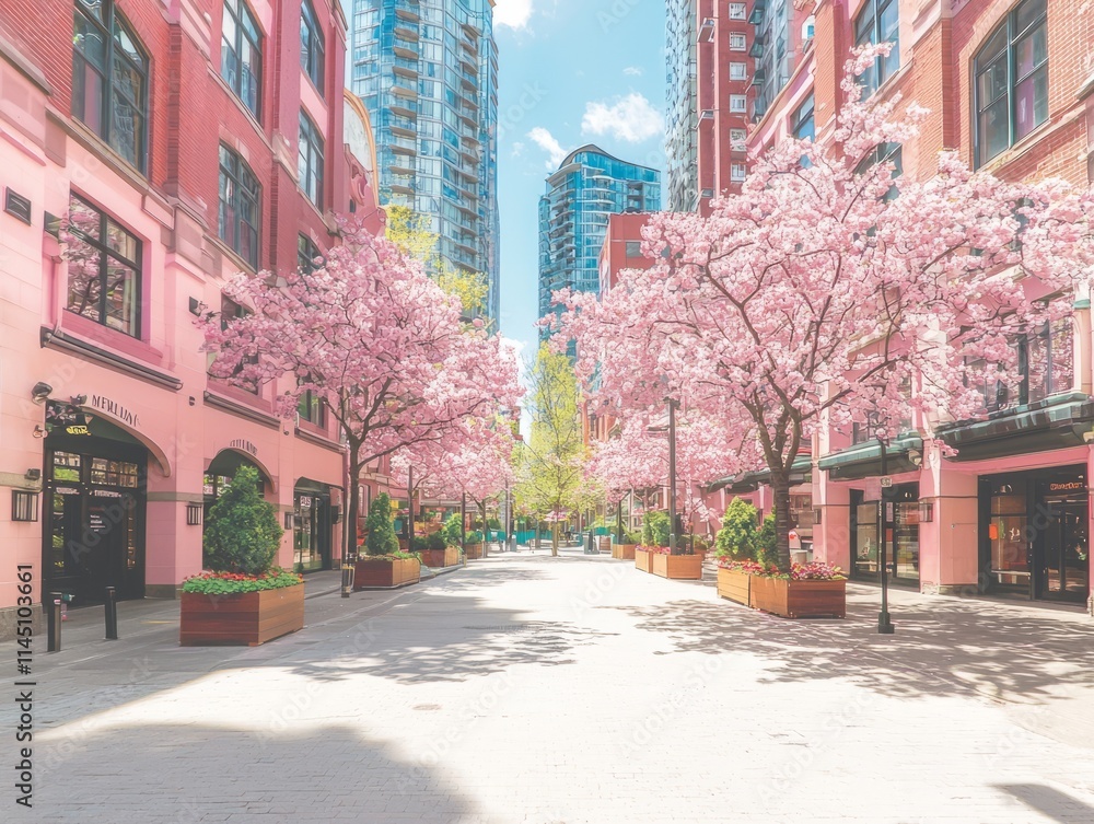 Fototapeta premium A vibrant street lined with cherry blossom trees and modern buildings.