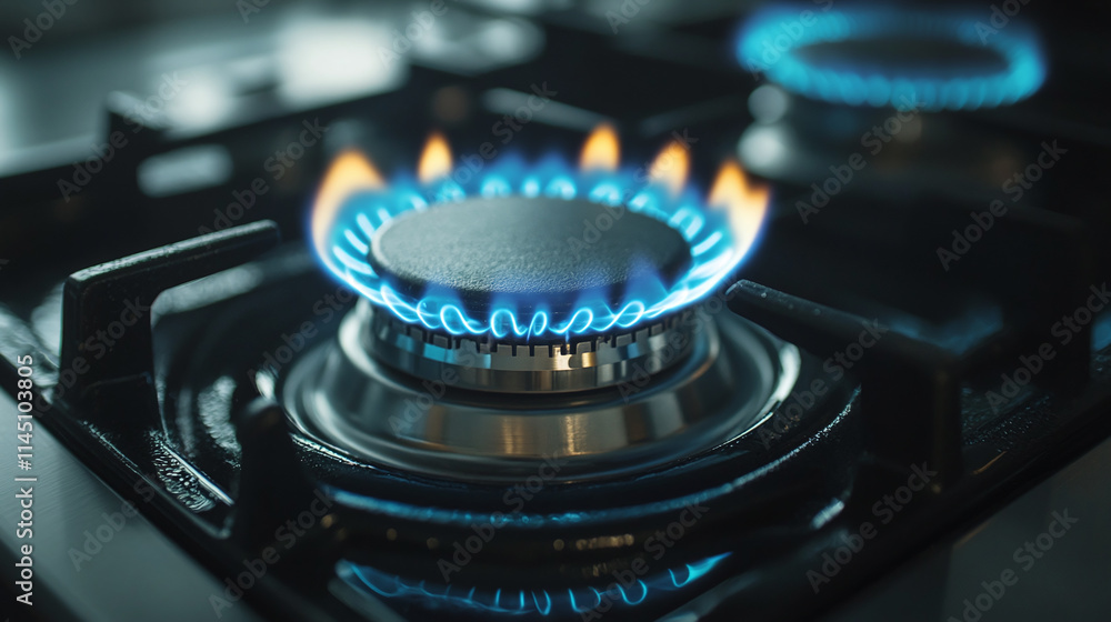 Blue flame on gas stove burner, glowing propane fire for cooking, circular kitchen appliance heat source, modern energy efficient cooker surface, closeup of burning fuel ring circle. Blue flame on gas stove burner, glowing propane fire for cooking, circular kitchen appliance heat source, modern energy efficient cooker surface, closeup of burning fuel ring circle.