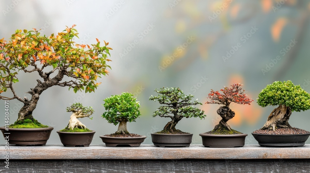Arranging assorted bonsai trees neatly in two rows outdoor garden nature photography tranquil environment close-up view bonsai art and care Arranging assorted bonsai trees neatly in two rows outdoor garden nature photography tranquil environment close-up view bonsai art and care