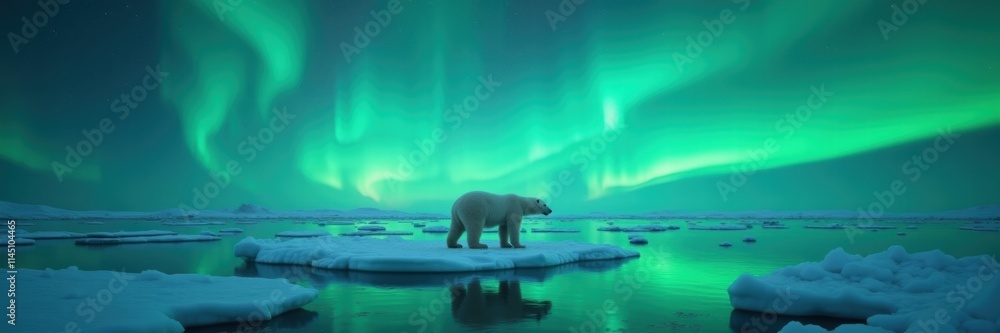 Fototapeta premium A striking polar bear standing on an ice floe under the mesmerizing auroras, capturing the beauty of the Arctic wilderness. Ideal for nature, wildlife, and conservation projects.