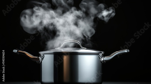 Silver pot with steam coming out of it. The steam is white and it looks like it's boiling photo