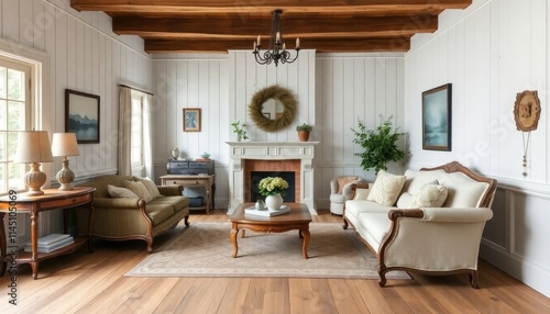 French Provincial Cabin Living Room with vintage furniture, soft upholstery, and rustic touches like distressed wood beams. The skirting boards are made of light oak and have a slight distressing