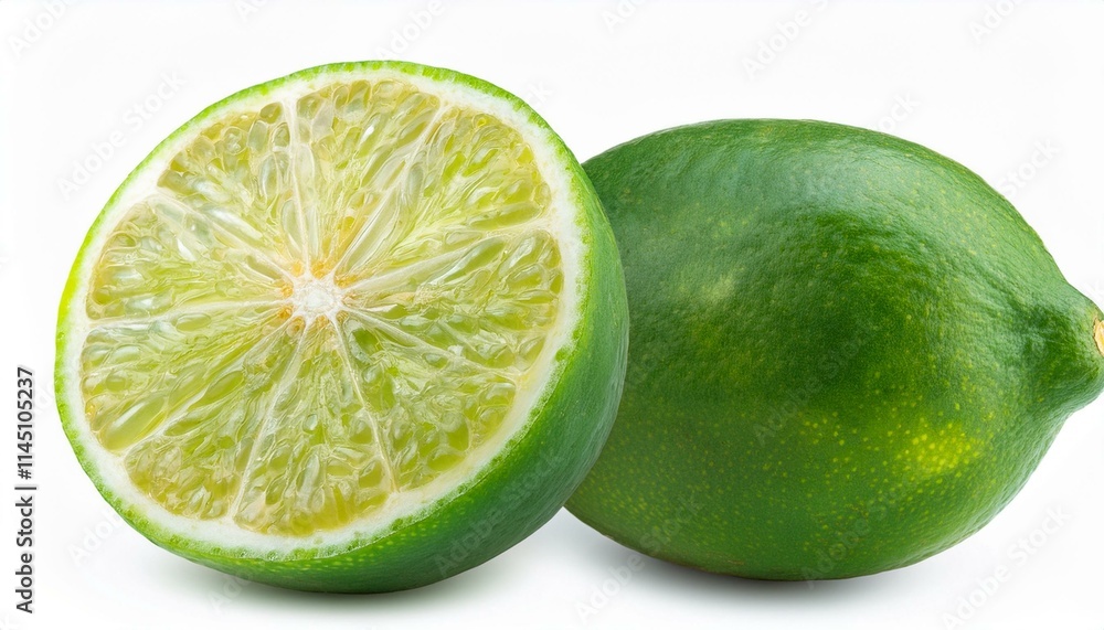 green natural lemon fruit cut in half and isolated on a white background. Clipping path green natural lemon fruit cut in half and isolated on a white background. Clipping path