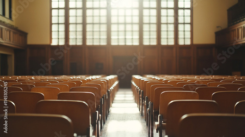 Nobody in empty university lecture hall with rows of seats, spacious college classroom for academic presentations, modern educational auditorium interior, vacant seminar room in campus building. photo