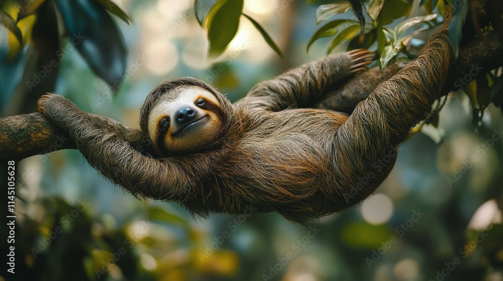 Sloth in summer jungle setting, wildlife in nature habitat, lazy animal on tree branch, forest scene with green foliage, cute tropical mammal hanging in rainforest. Sloth in summer jungle setting, wildlife in nature habitat, lazy animal on tree branch, forest scene with green foliage, cute tropical mammal hanging in rainforest.