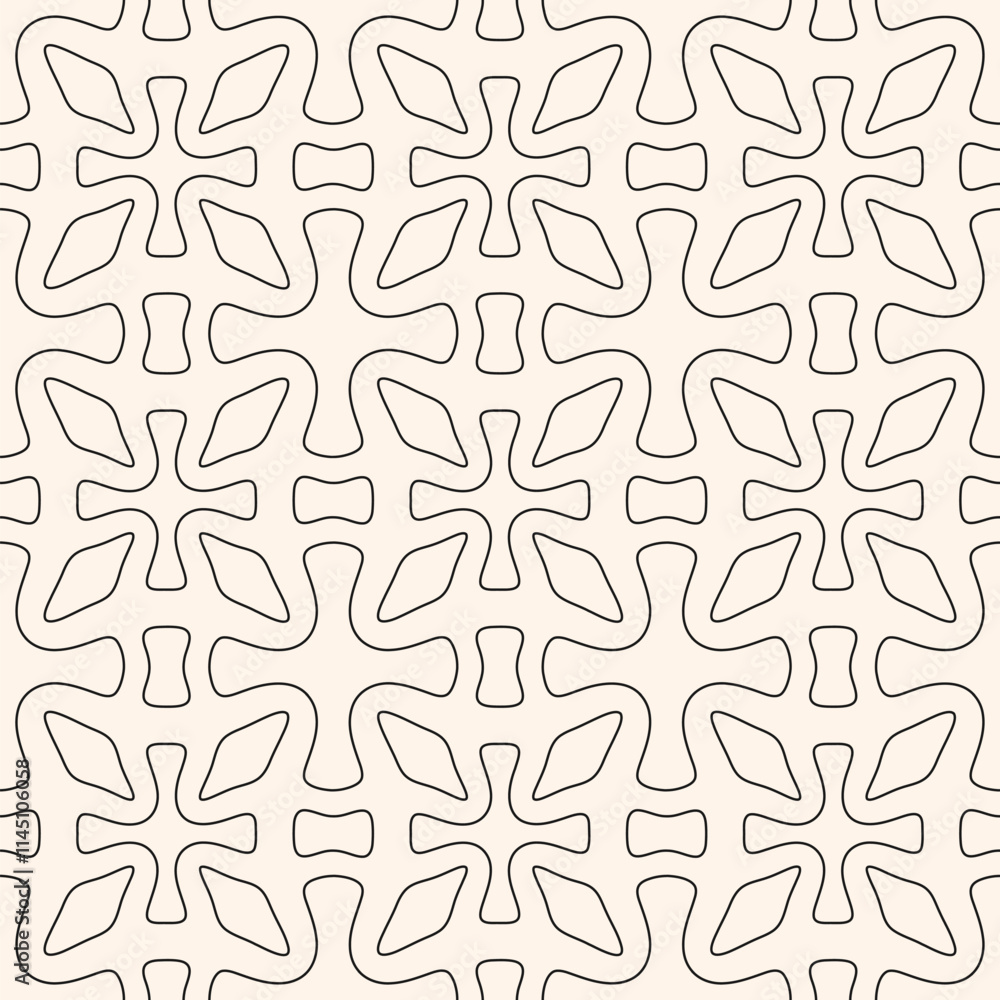 Vector monochrome geometric seamless pattern. Abstract texture with flower silhouettes, leaves, crosses, grid, outline shapes, repeat tiles. Simple black and white ornamental background. Modern design Vector monochrome geometric seamless pattern. Abstract texture with flower silhouettes, leaves, crosses, grid, outline shapes, repeat tiles. Simple black and white ornamental background. Modern design