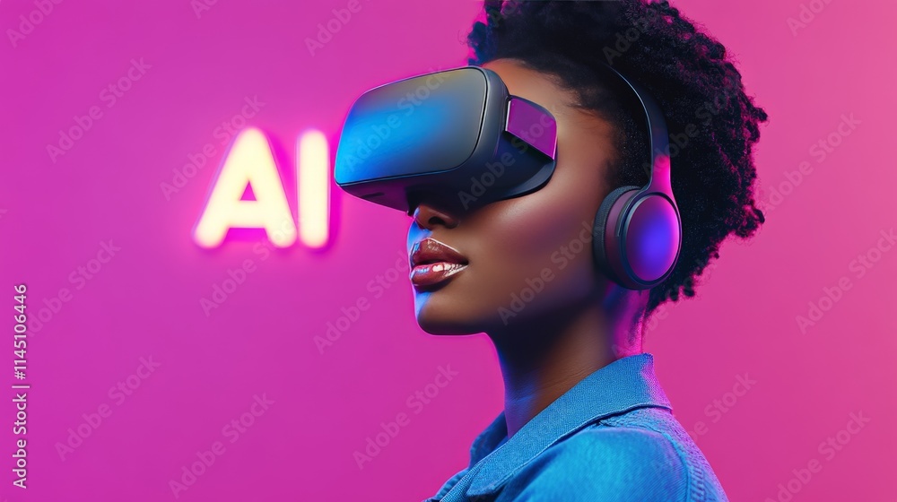 Afro-haired woman wearing a vibrant blue jacket and headphones while using a VR headset set against a bold pink background merging futuristic tech with personal expression Afro-haired woman wearing a vibrant blue jacket and headphones while using a VR headset set against a bold pink background merging futuristic tech with personal expression