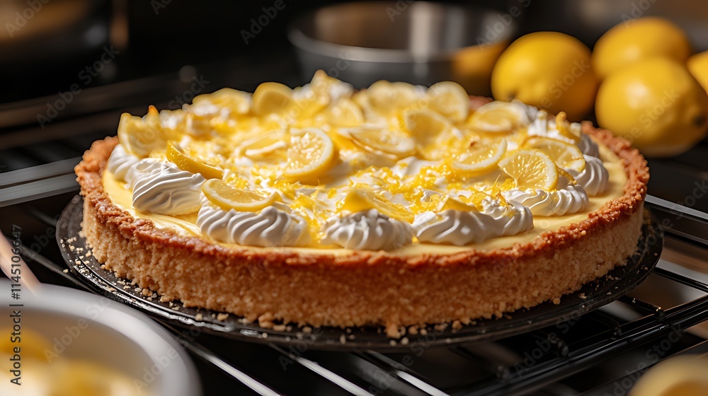 Delicious lemon tart with meringue topping, freshly baked and garnished with lemon slices. Delicious lemon tart with meringue topping, freshly baked and garnished with lemon slices.