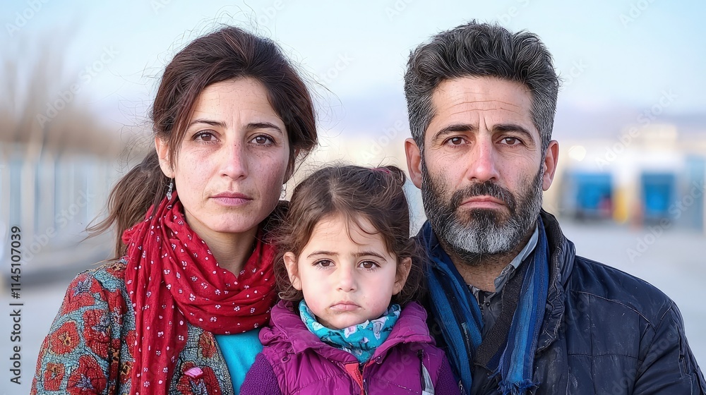 Serious refugee family portrait. Serious refugee family portrait.