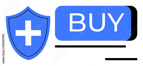 Blue shield with white cross next to blue BUY button and horizontal lines. Ideal for e-commerce, online security, web safety, digital transactions, secure shopping, internet trust, and payment