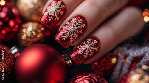 Shimmering red and gold nails with intricate festive patterns