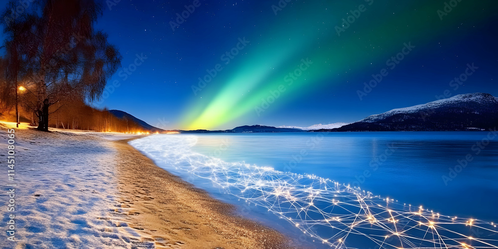 Naklejka premium Aurora Borealis Lights up Night Sky over Snowy Beach and Lake with Network Grid, Winter Wonderland with Digital Connections, and Breathtaking Scenery