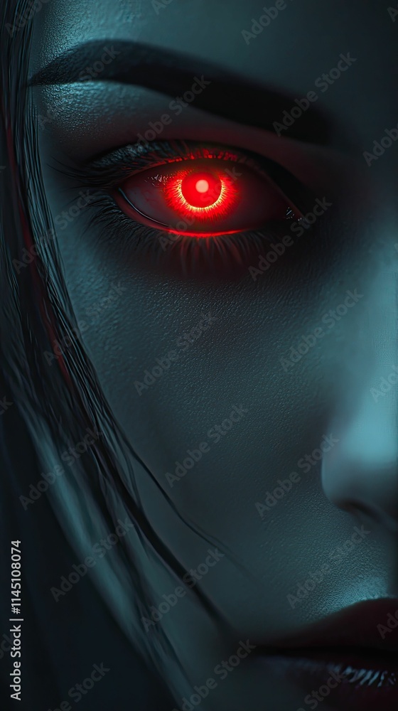 Close-up, glowing red eye, dark face, mysterious. Close-up, glowing red eye, dark face, mysterious.