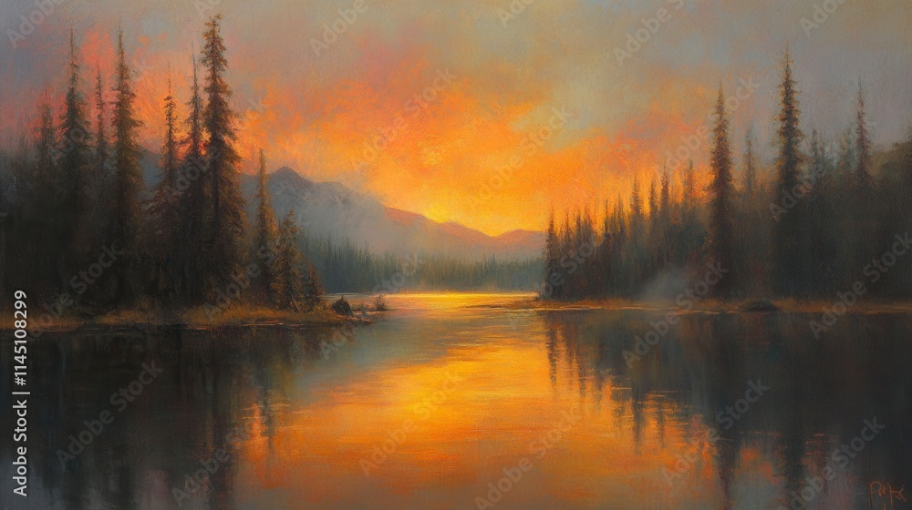 Fototapeta premium Tranquil Sunset Over a Reflective Lake Surrounded by Lush Pine Trees and Majestic Mountains in a Serene Wilderness Scene