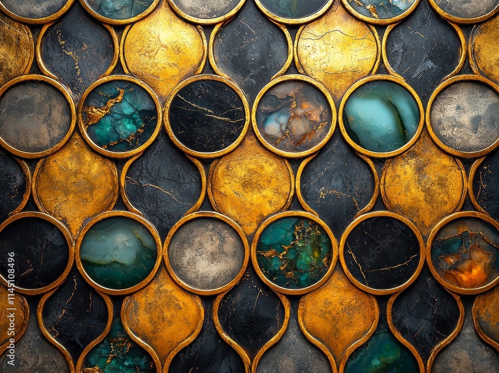 A modern geometric background featuring black, gold, and green rings. Stylish wall mosaic tiles with artificial marble textures and glossy metallic accents.