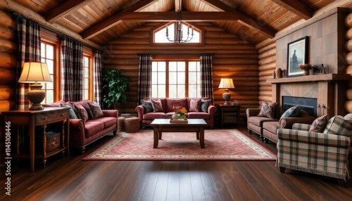 Wallpaper Mural Highland Cabin Living Room with plaid accents, wooden furniture, and rich earthy tones. The skirting boards are stained a dark wood color Torontodigital.ca