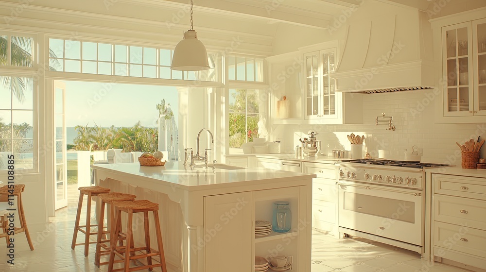 Fototapeta premium Bright Coastal Kitchen With Island And Ocean View