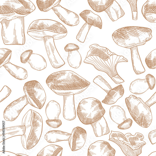 Mushrooms seamless pattern hand drawn. Sketch style mushroom background. Vector ink illustration.