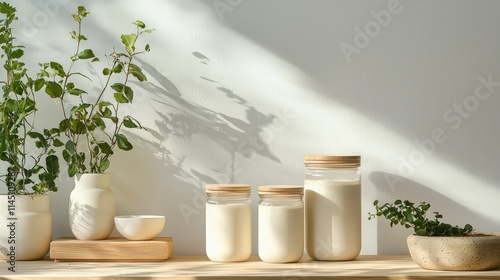 Sunlit scene of jars and potted plants on a wooden countertop, showcasing serene minimalist decor and an eco-conscious lifestyle in natural hues. AI generated.