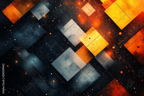 A modern chic luxury background with a seamless abstract geometric pattern, composed of 2D gold lines and terrazzo segments in gray and brown circles, giving a metallic and stone texture.