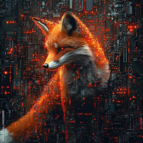 A futuristic fox with glowing orange circuit patterns integrated into its fur, blending nature with advanced technology in a striking digital art piece. AI generated. photo