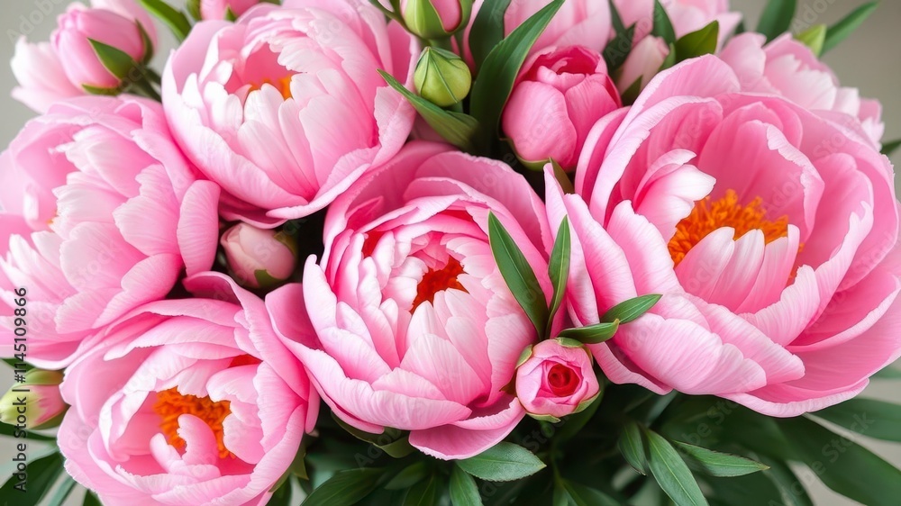 Obraz premium A beautiful arrangement of fresh pink peonies and roses in full bloom, creating a stunning display with ample copy space for your design, peonies, roses, copy space