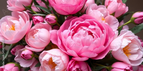 Fototapeta Naklejka Na Ścianę i Meble -  A beautiful arrangement of pink peonies and roses with blank space for text, petals, elegant, peonies