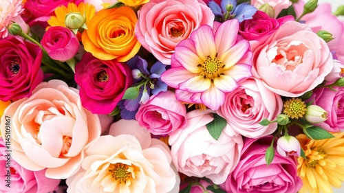 Fototapeta Naklejka Na Ścianę i Meble -  A beautiful arrangement of fresh pink peonies and roses with space for text, roses, peonies