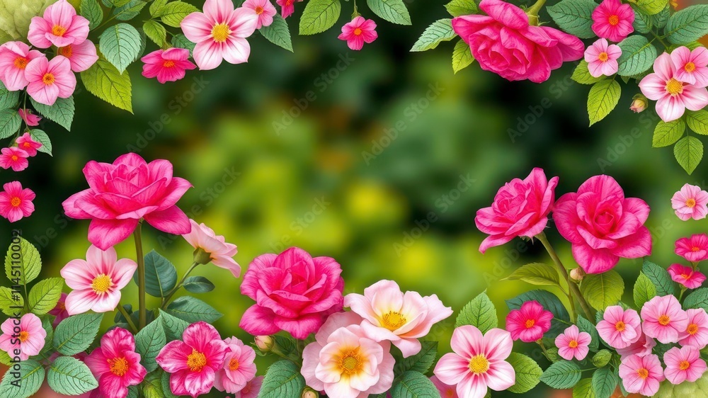 A beautiful frame made of delicate rose flowers and leaves, botanical, pink A beautiful frame made of delicate rose flowers and leaves, botanical, pink