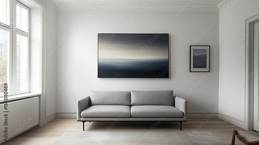 Modern Living Room With Seascape Artwork And Grey Sofa Modern Living Room With Seascape Artwork And Grey Sofa