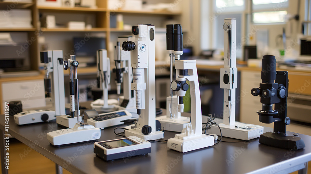 Advanced eye examination equipment setup in modern clinic. Precision tools for comprehensive vision assessment and diagnostics. Advanced eye examination equipment setup in modern clinic. Precision tools for comprehensive vision assessment and diagnostics.