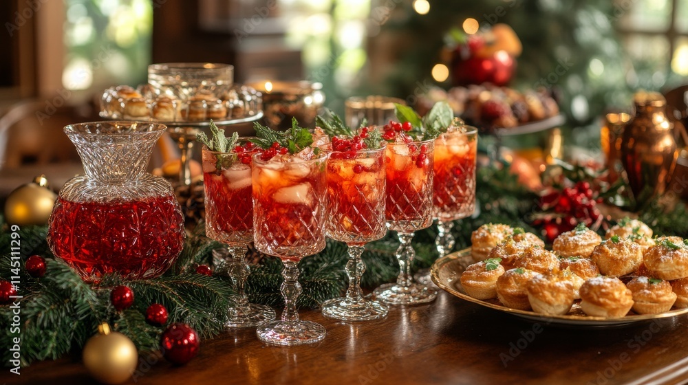 Holiday celebration table with cocktails, festive pastries, and vibrant red-and-green decor in a warm and inviting setting. Holiday celebration table with cocktails, festive pastries, and vibrant red-and-green decor in a warm and inviting setting.