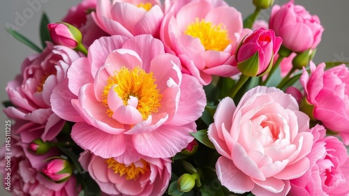 A beautiful arrangement of pink peonies and roses with space for text, blooming, beautiful, peonies