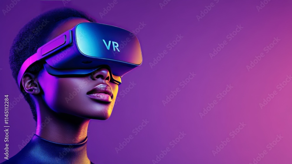 Portrait of a young professional with a VR headset in a dimly lit futuristic workspace with soft blue and purple neon lighting Portrait of a young professional with a VR headset in a dimly lit futuristic workspace with soft blue and purple neon lighting