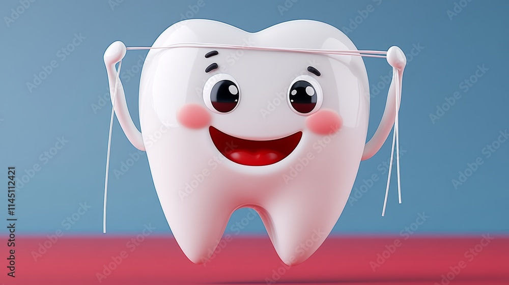 A cartoon tooth is holding a string of dental floss A cartoon tooth is holding a string of dental floss