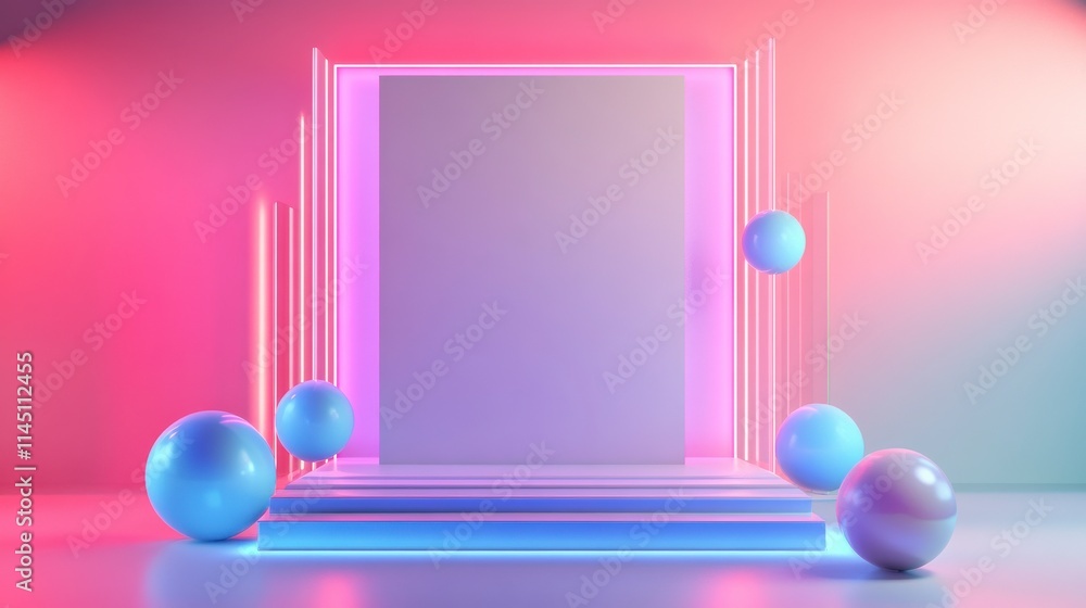 Vibrant Neon Abstract Background with Geometric Shapes and Smooth Spheres, Ideal for Display, Presentations, and Creative Projects in Digital Art Vibrant Neon Abstract Background with Geometric Shapes and Smooth Spheres, Ideal for Display, Presentations, and Creative Projects in Digital Art