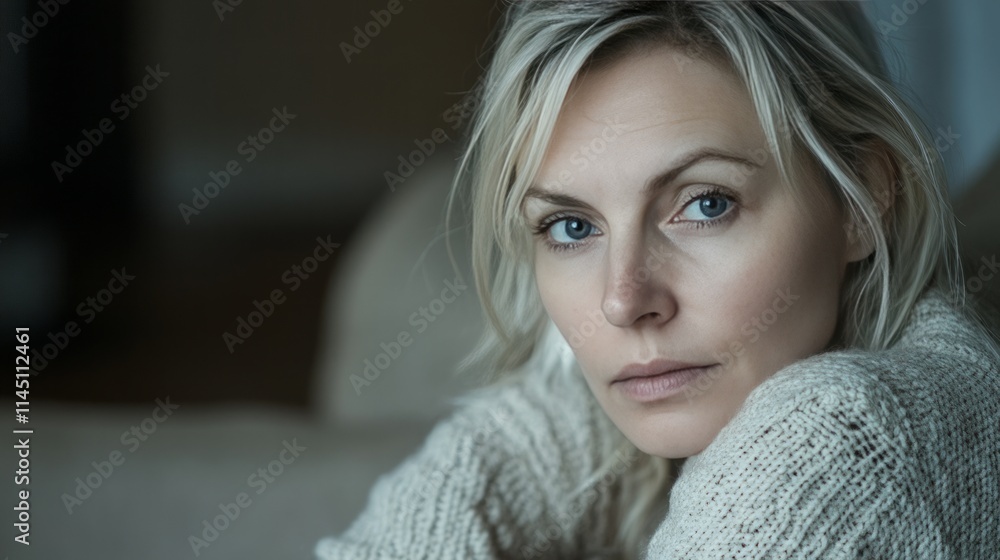 Head shot portrait pretty blonde woman looking at camera, sits alone on sofa photoshooting, enjoy pleasant pastime weekend at home at own or rented apartment. Beautiful mature female profile picture Head shot portrait pretty blonde woman looking at camera, sits alone on sofa photoshooting, enjoy pleasant pastime weekend at home at own or rented apartment. Beautiful mature female profile picture