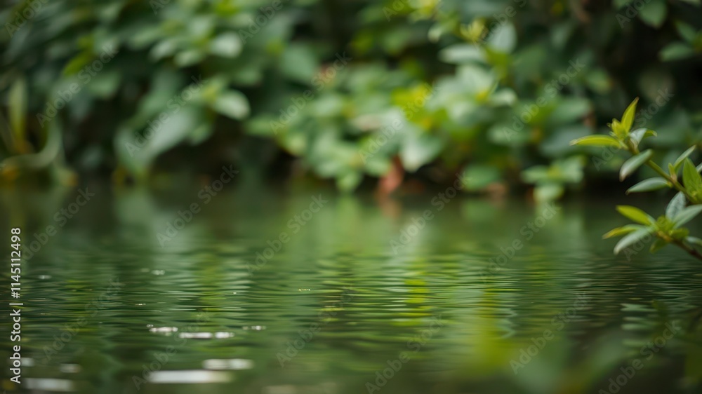 Blurred image of calm water with green foliage and soft light filtering through, creating a peaceful nature background, water, blur, foliage Blurred image of calm water with green foliage and soft light filtering through, creating a peaceful nature background, water, blur, foliage
