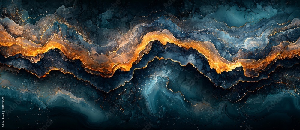 Obraz premium A contemporary abstract painting featuring a grand mountain range painted in gold. The piece highlights detailed textures that mimic marble, granite, and agate, forming a distinctive mosaic pattern.