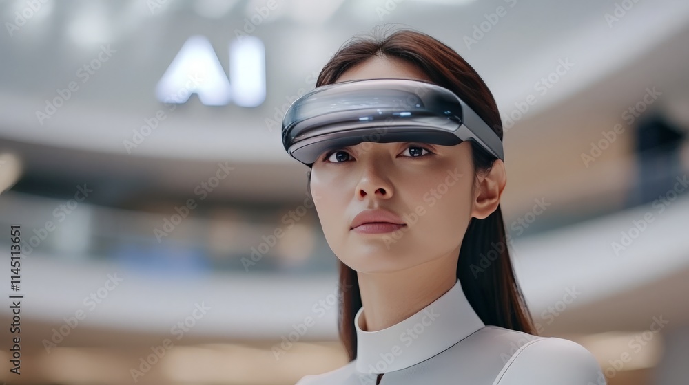 Young professional using augmented reality headset in a high-tech atrium showcasing advanced features of wearable AI devices for future-forward business and creative applications Young professional using augmented reality headset in a high-tech atrium showcasing advanced features of wearable AI devices for future-forward business and creative applications