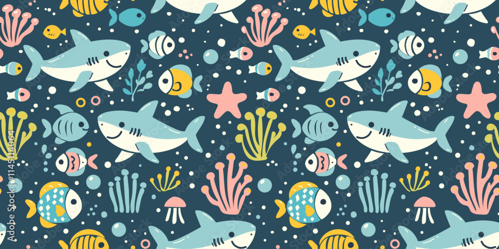 Seamless pattern with sharks. Repeating design element for printing on fabric. Underwater animals with fin, fish and corals. Sea fauna and flora. Cartoon flat vector illustration Seamless pattern with sharks. Repeating design element for printing on fabric. Underwater animals with fin, fish and corals. Sea fauna and flora. Cartoon flat vector illustration