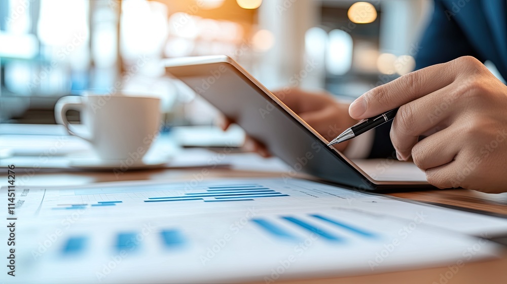 Businessperson reviewing financial data on tablet Businessperson reviewing financial data on tablet