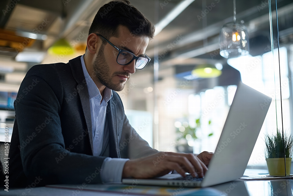 Young professional works focused at modern office during daylight Young professional works focused at modern office during daylight